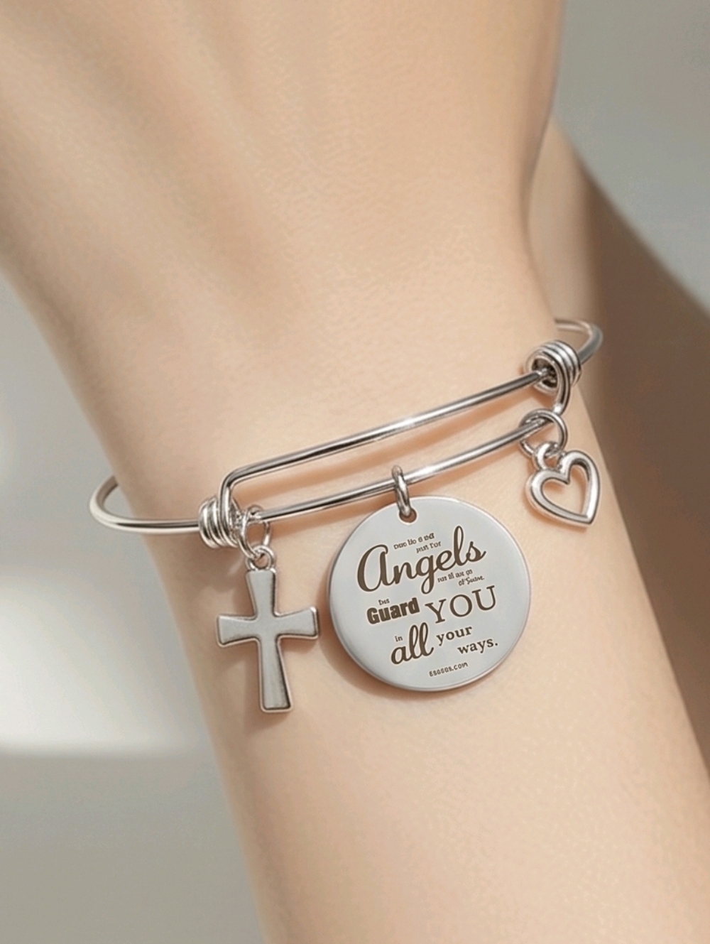 Guardian Angel Scripture Bangle Bracelet Cross Heart Christian Inspirational